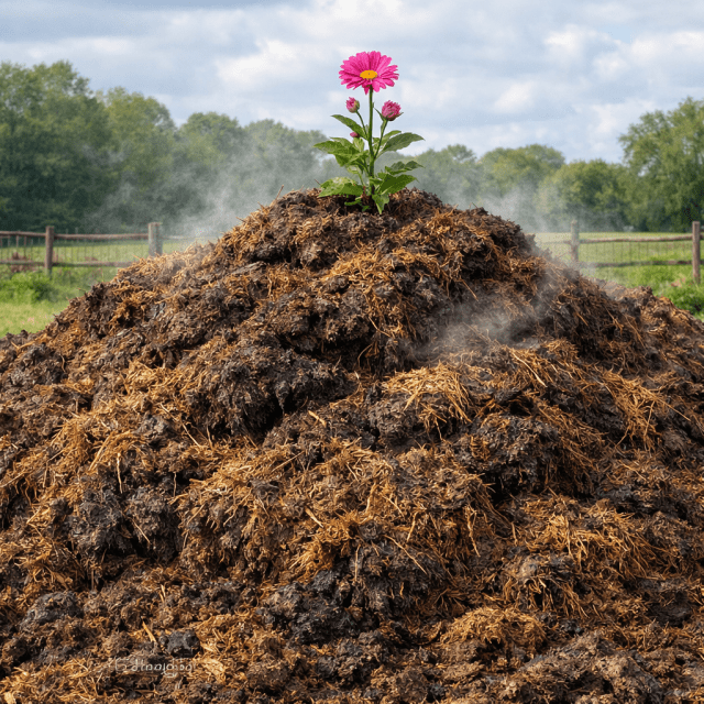 Pink flower growing on steaming compost pile outdoors