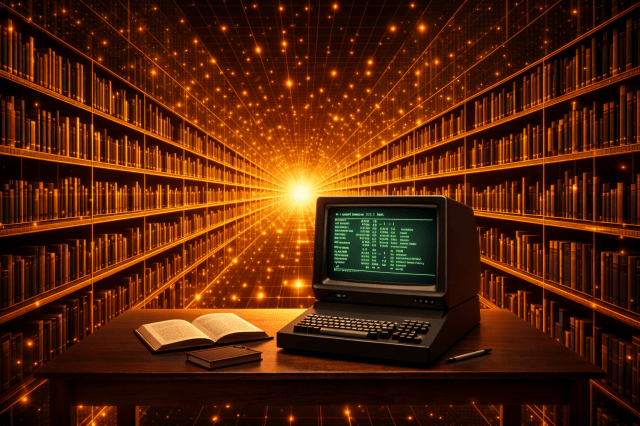 Long digital corridor with glowing shelves filled with data books converging to bright light