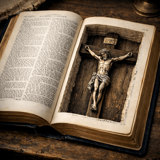 Crucifix with INRI sign inside hollowed pages of old Bible opened to Matthew