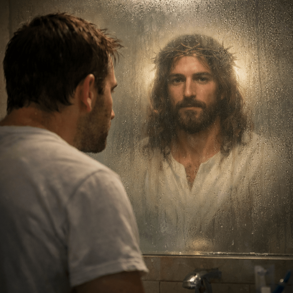 Man looking into a foggy mirror reflecting Jesus with crown of thorns